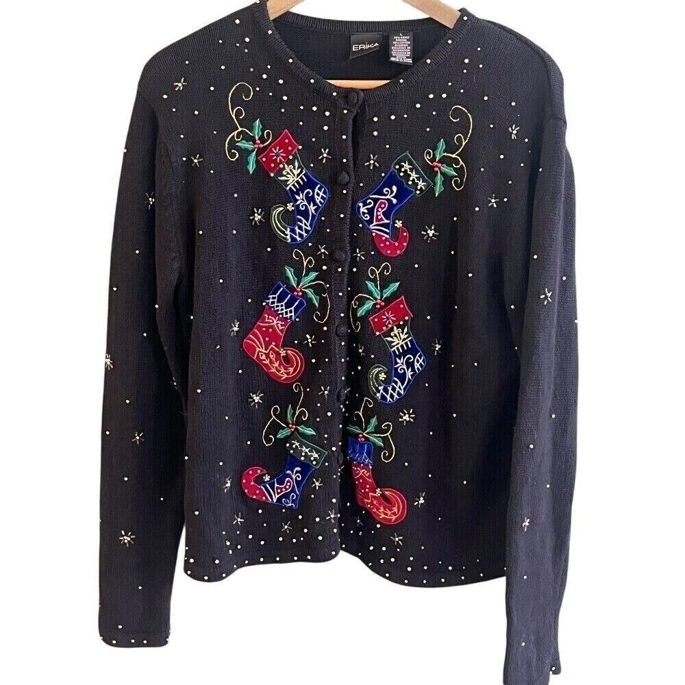 VTG Erika Black‎ Christmas Beaded Embroider Stocking Cardigan Sweater Large Read